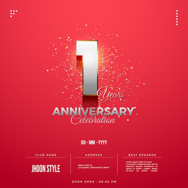 Invitación del primer aniversario con números plateados bordeados de oro