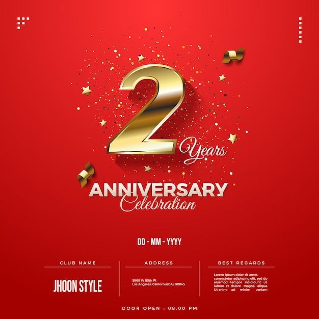 Invitación del segundo aniversario completa con números dorados y fecha.