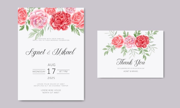 Invitación de tarjeta de boda con hermosas flores y hojas