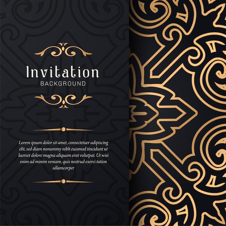 Vector invitación de la tarjeta de felicitación con adornos florales, fondo ornamental de oro
