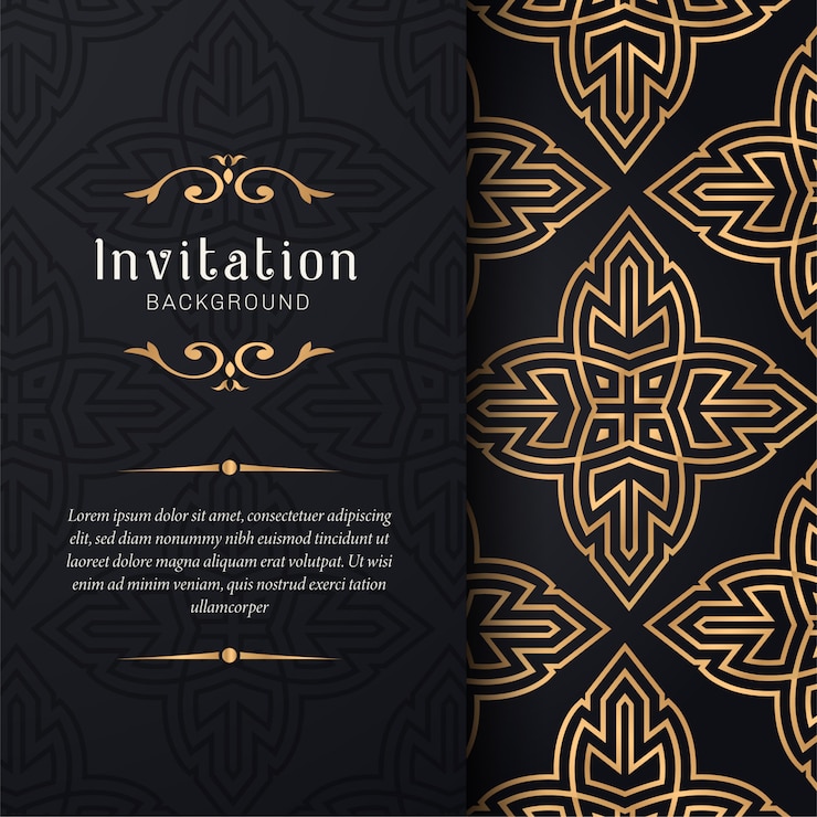 Vector invitación de la tarjeta de felicitación con adornos florales, fondo ornamental de oro