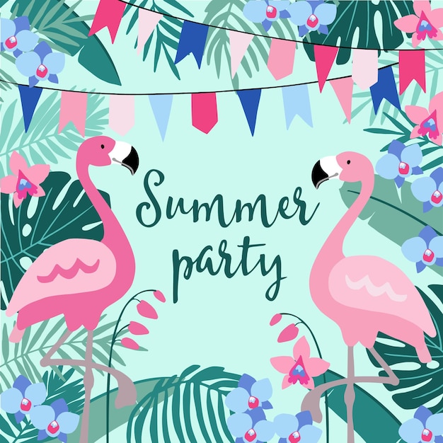 Invitación de tarjeta de felicitación de fiesta de cumpleaños de verano con hojas de palma dibujadas a mano flores de orquídeas pájaros flamencos y banderas de fiesta Diseño de selva tropical Fondo de ilustración vectorial