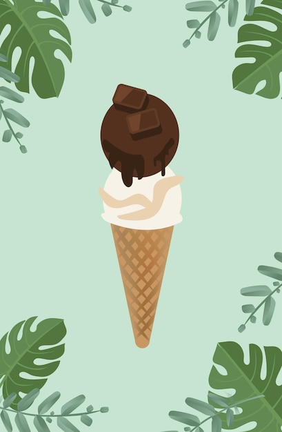 Vector invitación de tarjeta de felicitación de verano cono de helado de chocolate y vainilla plantilla de publicación de venta de verano