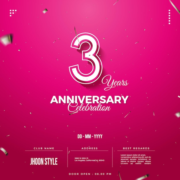 Invitación del tercer aniversario con números bordeados y sombreados suavemente sobre un fondo rosa