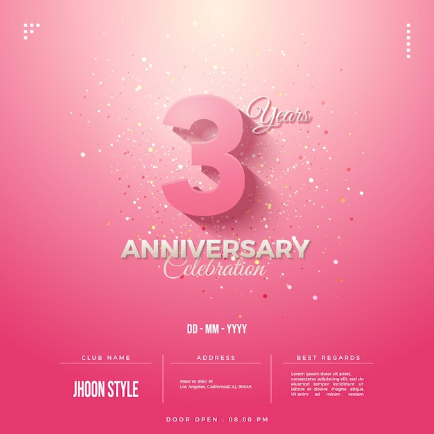 Invitación del tercer aniversario con una simple ilustración de número 3D