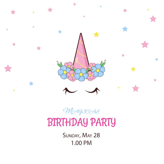 Invitación de unicornio para una fiesta de cumpleaños mágica sobre un fondo blanco