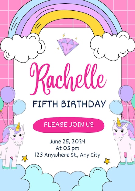 Vector invitación virtual de cumpleaños de unicornio lindo juguetón rosa para niños