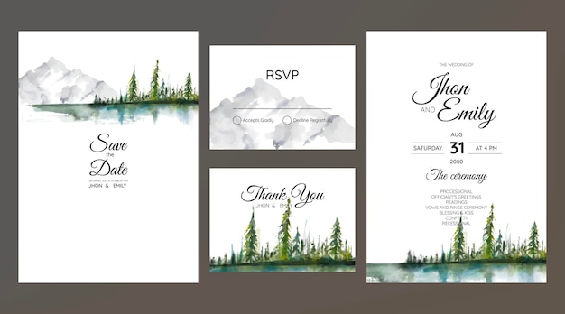 Invitaciones de boda acuarela montañas bosque y lago.