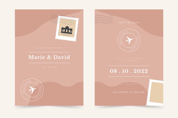 Invitaciones de boda de destino de diseño plano dibujadas a mano