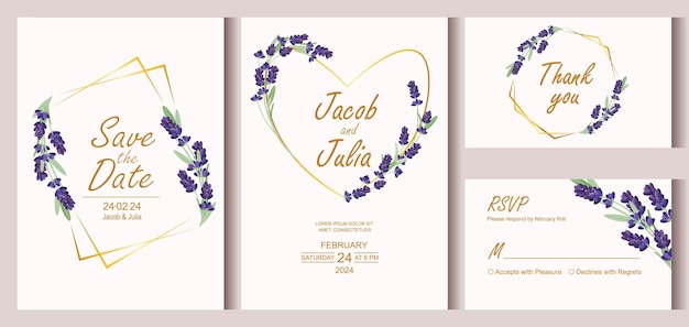 Invitaciones de boda con flores de lavanda Fondo festivo para tarjetas de felicitación plantilla de boda