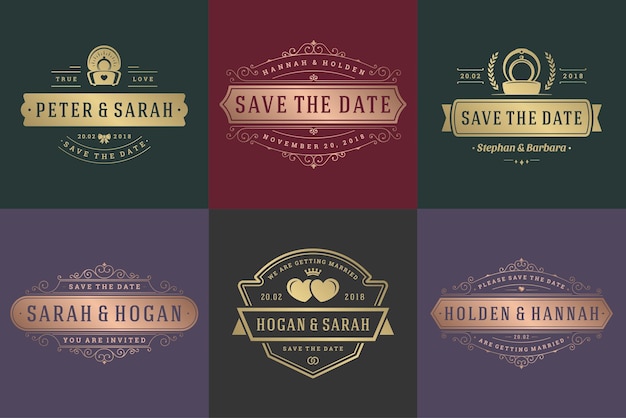 Invitaciones de boda guardar la fecha logotipos y insignias vector elegantes plantillas conjunto