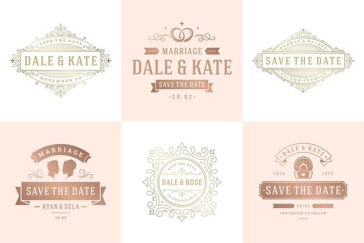 Invitaciones de boda guardar la fecha logotipos y insignias vector elegantes plantillas conjunto