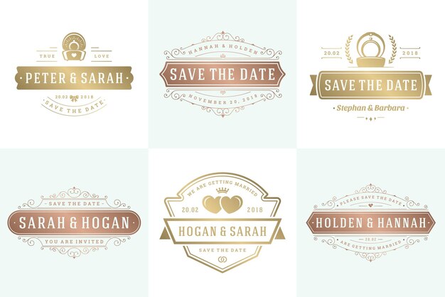 Invitaciones de boda guardar la fecha logotipos y insignias vector elegantes plantillas conjunto