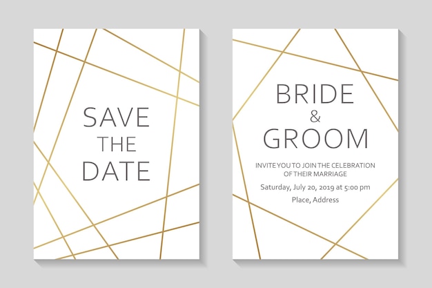 Invitaciones de boda o plantillas de tarjetas con bordes geométricos dorados modernos sobre un fondo blanco