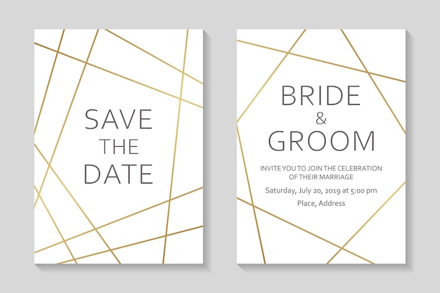 Vector invitaciones de boda o plantillas de tarjetas con bordes geométricos dorados modernos sobre un fondo blanco