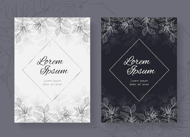 Vector invitaciones de boda, plantillas de tarjetas, blanco, negro y plateado, diseño de línea vectorial con lugar para texto