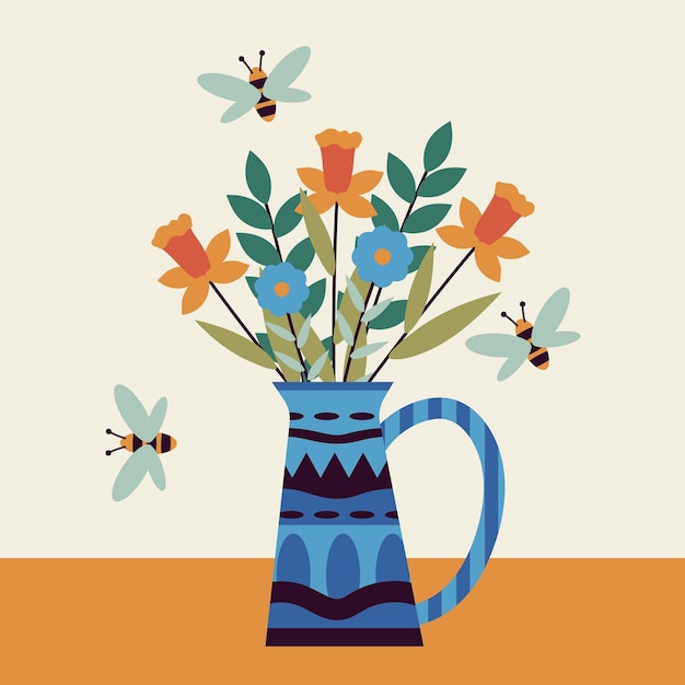 Vector las invitaciones de la tarjeta de primavera imprimen la plantilla cuadrada hola primavera con flores en un jarrón azul y abejas