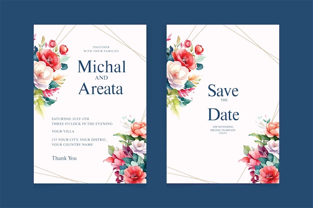 Invitatoria de boda en acuarela con flores y hojas plantilla de tarjeta