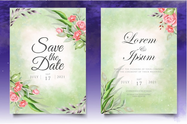 Invitatoria de boda en acuarela con flores y hojas plantilla de tarjeta