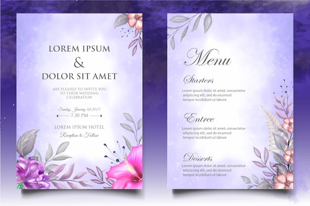 Invitatoria de boda en acuarela con flores y hojas plantilla de tarjeta