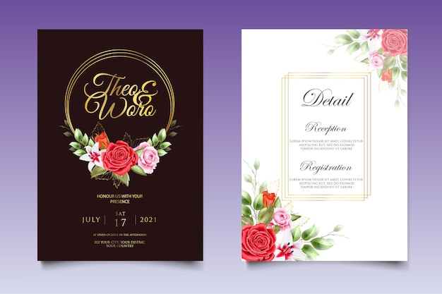 Invitatoria de boda en acuarela con flores y hojas plantilla de tarjeta