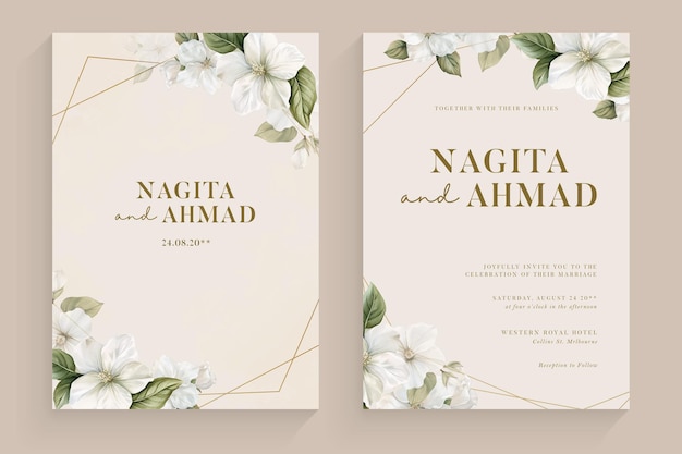 Invitatoria de boda estética con arreglos de flores blancas