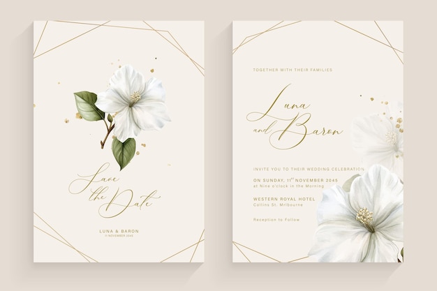 Invitatoria de boda estética con arreglos de flores blancas