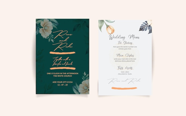 Invitatoria de boda y plantilla de menú con acuarela Hojas hermosas