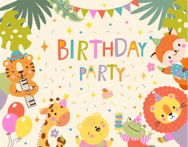 Invitatoria de cumpleaños de animales animales de la selva diseño de banner Niños personajes de zoológicos exóticos jirafa zorro y león tarjeta vectorial de dibujos animados de hoy en día