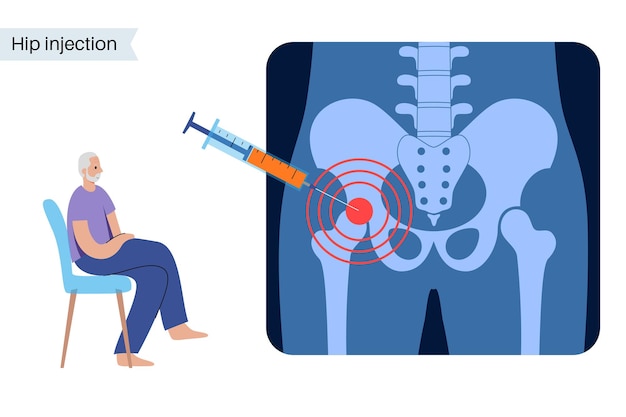Inyección de cortisona en la articulación de la cadera. Dolor e inflamación en la pelvis.