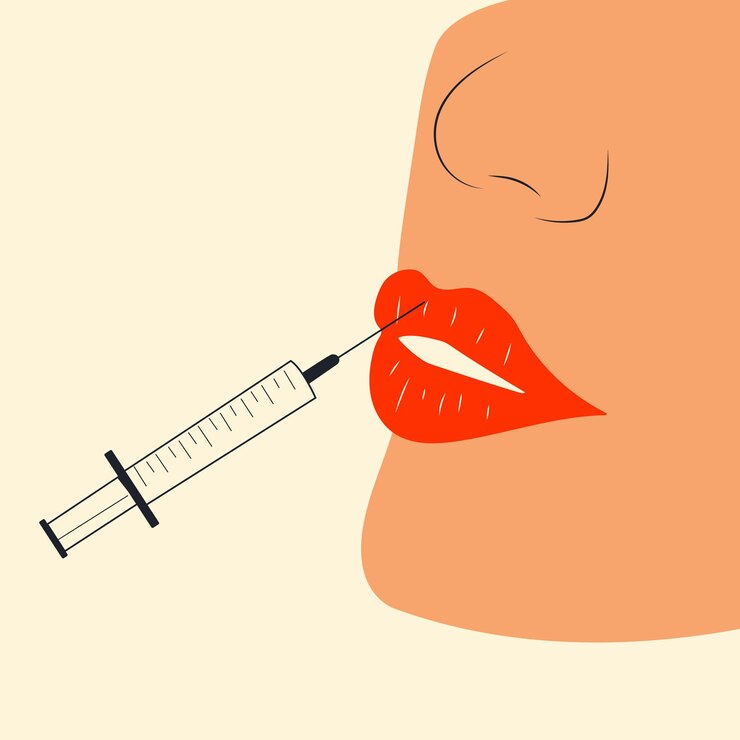 Vector inyección de labios, aumento de labios. relleno cosmético inyectable. ilustración vectorial en estilo de dibujos animados