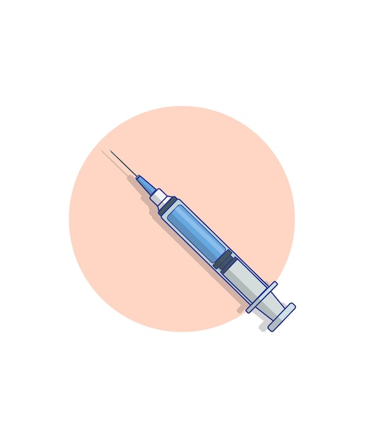 La inyección médica contiene un medicamento líquido azul o una ilustración del vector de la vacuna