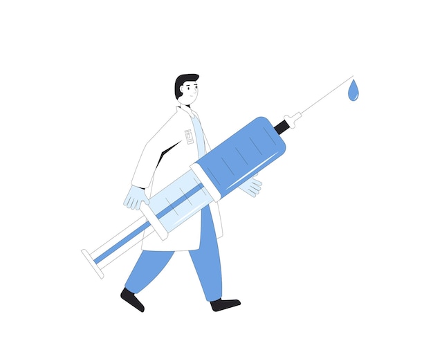 Inyección Médico con una enorme jeringa aislada sobre un fondo blanco Ilustración vectorial