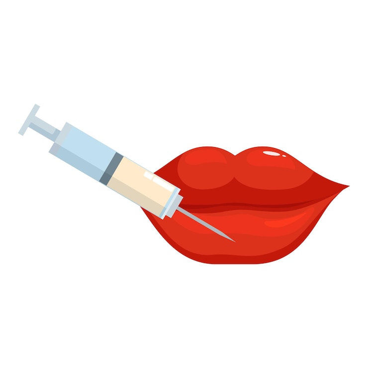 Vector inyección de relleno con jeringa en los labios rojos para el aumento de los labios