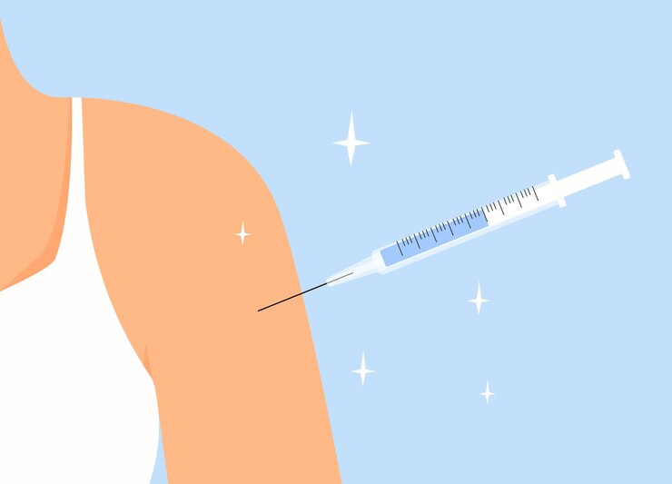 Vector inyectar la vacuna antiviral en el brazo con una jeringa para medicamentos