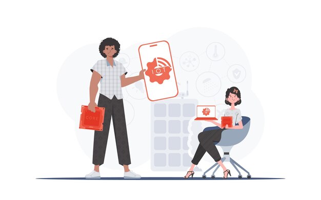 IOT y concepto de automatización La chica y el chico son un equipo en el campo de Internet de las cosas Bueno para presentaciones y sitios web Estilo plano de moda Vector