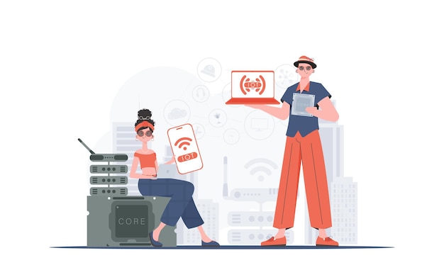 IOT y concepto de automatización La chica y el chico son un equipo en el campo de Internet de las cosas Bueno para sitios web y presentaciones Estilo plano de moda Vector