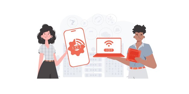 IOT y concepto de automatización La chica y el chico son un equipo en el campo de IoT Bueno para presentaciones y sitios web Ilustración vectorial en estilo moderno y plano