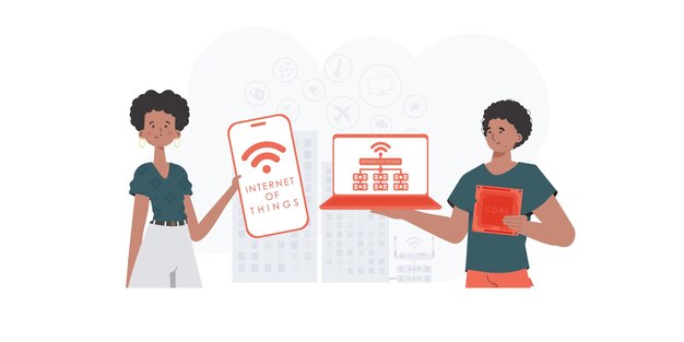 IOT y concepto de automatización La chica y el chico son un equipo en el campo de IoT Bueno para presentaciones y sitios web Ilustración vectorial