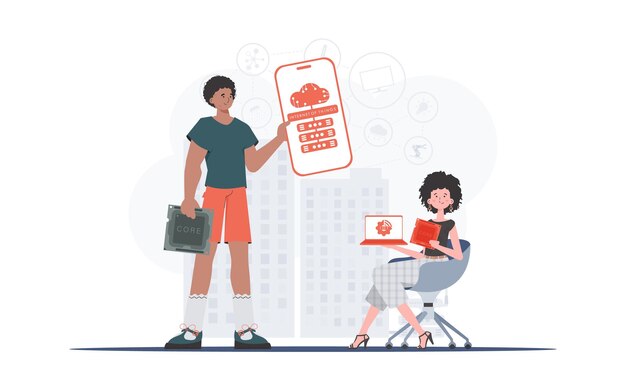 IOT y concepto de automatización La chica y el chico son un equipo en el campo de IoT Bueno para sitios web y presentaciones Ilustración vectorial en estilo plano