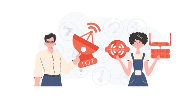 IOT y concepto de automatización Un hombre y una mujer son un equipo en el campo de Internet de las cosas Bueno para presentaciones y sitios web Ilustración vectorial en estilo plano