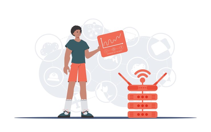 Vector iot y concepto de automatización un hombre sostiene un panel con analizadores e indicadores en sus manos bueno para sitios web y presentaciones ilustración vectorial
