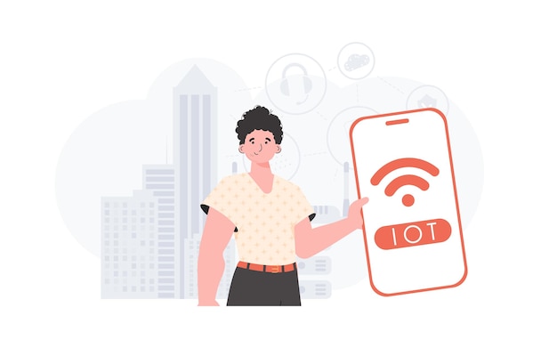 IOT y concepto de automatización Un hombre sostiene un teléfono con el logotipo de IoT en sus manos Estilo plano de moda Ilustración vectorial