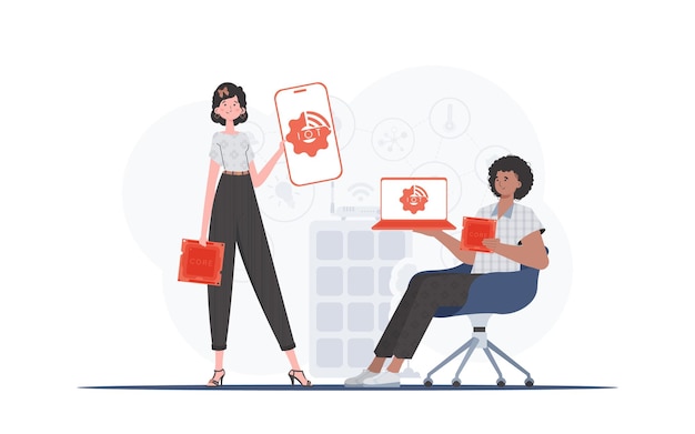 IOT y concepto de automatización Internet de las cosas Equipo Bueno para presentaciones y sitios web Ilustración vectorial en estilo plano
