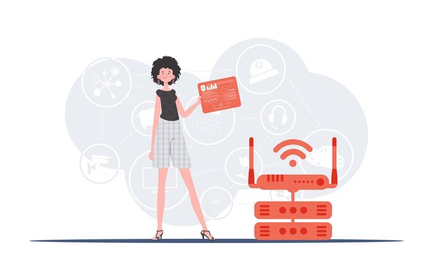 IOT y concepto de automatización Una mujer sostiene un panel con analizadores e indicadores en sus manos Bueno para sitios web y presentaciones Estilo plano de moda Vector
