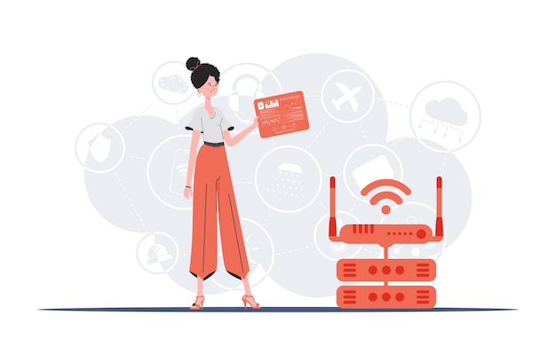 IOT y concepto de automatización Una mujer sostiene un panel con analizadores e indicadores en sus manos Bueno para sitios web y presentaciones Ilustración vectorial en estilo plano