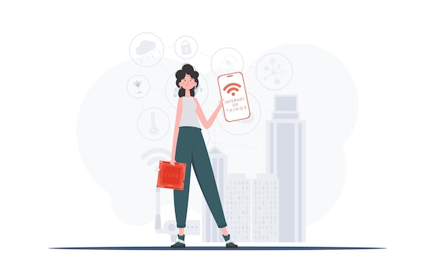 IOT y concepto de automatización Una mujer sostiene un teléfono con el logo de IoT en sus manos Ilustración vectorial en estilo moderno y plano
