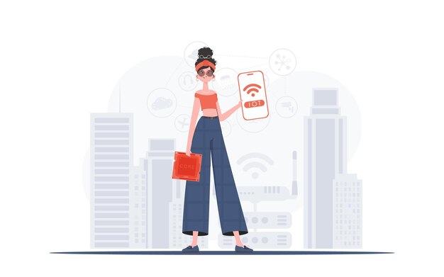 IOT y concepto de automatización Una mujer sostiene un teléfono con el logotipo de IoT en sus manos Estilo plano de moda Ilustración vectorial
