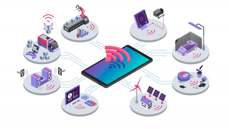Vector iot ilustración de color isométrica. dispositivos de control remoto en línea. sistema de casa inteligente. computación en la nube, conexión inalámbrica electrónica. internet del concepto de cosas sobre fondo blanco