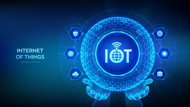 IOT Internet de las cosas Todo concepto de dispositivo de conectividad red y negocio con internet esfera 3D con superficie de hexágonos con icono IOT en manos marco de alambre ilustración vectorial
